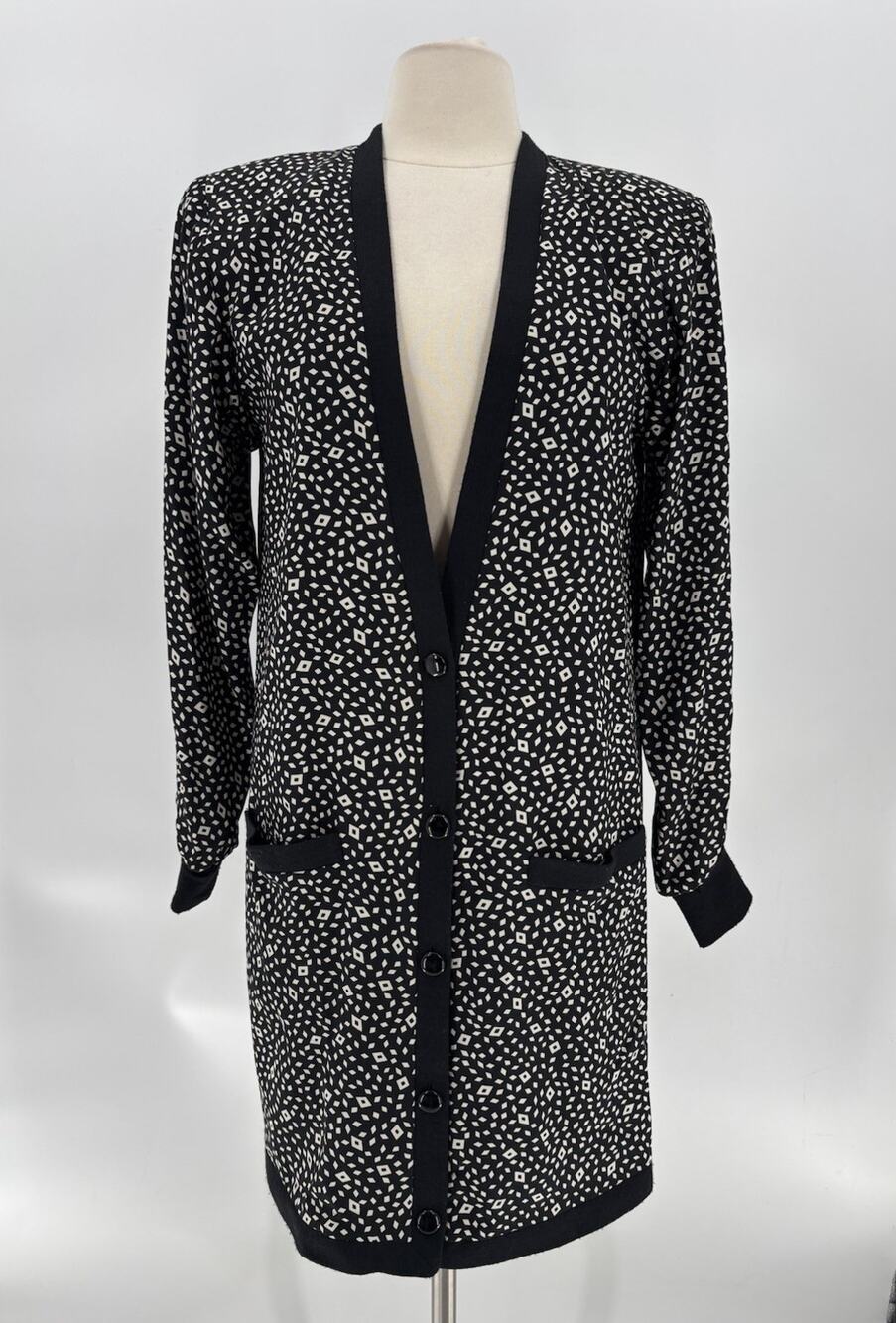Vintage Julie Francis Jacket Womens 8 Black White Silk V Neck Button Geometric